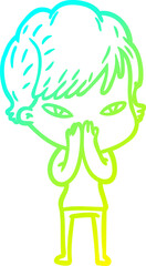 cold gradient line drawing of a cartoon happy woman