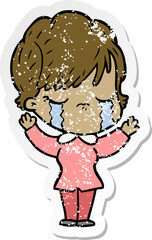 distressed sticker of a cartoon woman crying