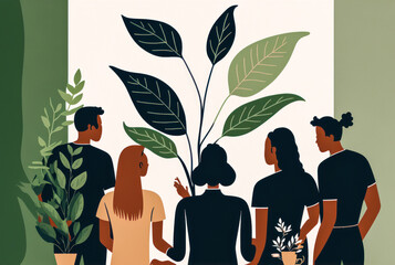 Group working around a table in a green and eco-friendly work environment. Image representing teamwork and sustainability. Generative AI