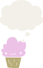 cartoon cupcake with face with thought bubble in retro style