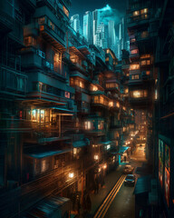 Futuristic megacities: A dystropic cyberpunk city in sureal Hong Kong architecture, Generative AI