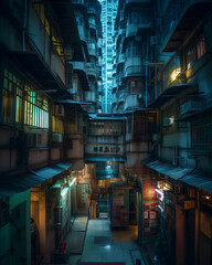 Futuristic megacities: A dystropic cyberpunk city in sureal Hong Kong architecture, Generative AI