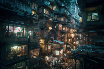 Futuristic megacities: A dystropic cyberpunk city in sureal Hong Kong architecture, Generative AI