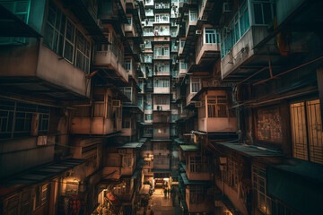 Futuristic megacities: A dystropic cyberpunk city in sureal Hong Kong architecture, Generative AI