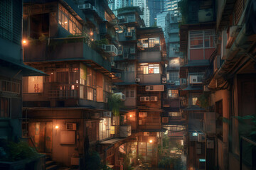 Futuristic megacities: A dystropic cyberpunk city in sureal Hong Kong architecture, Generative AI