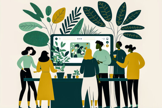 Group of people working in a collaborative and sustainable environment. Environmentally friendly flat design for improved productivity and collaboration. Generative AI