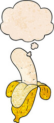 cartoon banana with thought bubble in grunge texture style
