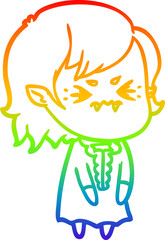 rainbow gradient line drawing of a annoyed cartoon vampire girl