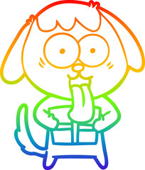 rainbow gradient line drawing of a cute cartoon dog with christmas present