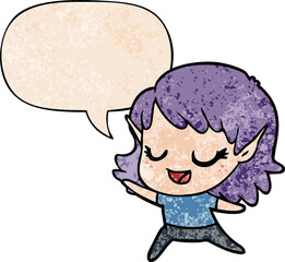 carton happy elf girl dancing with speech bubble in retro texture style
