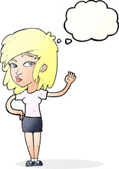 cartoon pretty woman waving with thought bubble