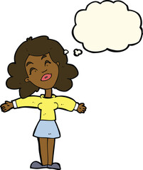 cartoon woman with open arms with thought bubble