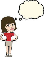 cartoon happy woman with hands on hips with thought bubble