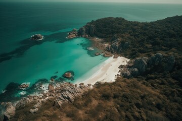 Fototapeta na wymiar Tropical beach as seen from above. Beautiful blue Sea with lush green trees. Generative AI