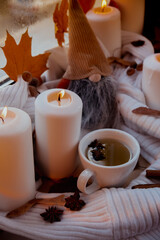Obraz na płótnie Canvas Thanksgiving and Hello Fall Halloween concept Celebrating autumn holidays at cozy home on the windowsill Hygge aesthetic atmosphere Autumn leaves gnome, spices and candle on knitted white sweater in