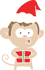 hand drawn flat color illustration of a christmas monkey wearing santa hat