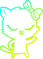 cold gradient line drawing of a cute cartoon cat with bow