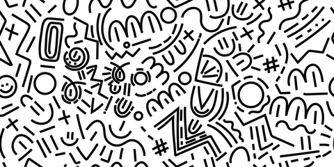 Hand-drawn doodle seamless pattern inn black and white colors.Vector.