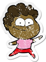 distressed sticker of a cartoon happy man