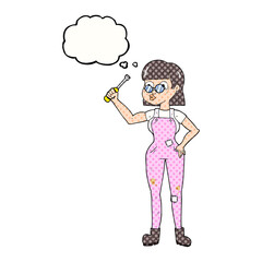freehand drawn thought bubble cartoon female mechanic
