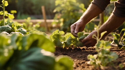 A gardener tending to a bountiful vegetable garden, using the healing power of nature to grow and nurture fresh and healthy produce, Created with generative Ai Technology.