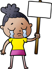 cartoon crying woman with protest sign