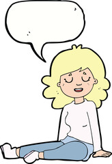 cartoon happy woman sitting on floor with speech bubble