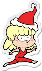 hand drawn sticker cartoon of a woman running wearing santa hat