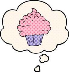 cartoon cupcake with thought bubble in comic book style