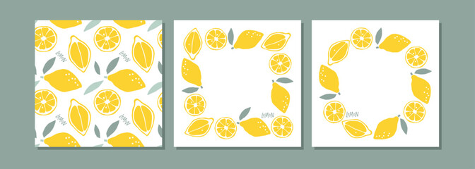 Lemon background collection. Seamless pattern, round and square frames with copy space on white background. Backgrounds for textile, wrapping paper, wallpaper, cover, card, banner. Citrus designs.