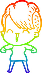 rainbow gradient line drawing of a cartoon happy hipster girl