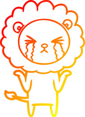 warm gradient line drawing of a cartoon crying lion
