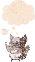 cartoon werewolf with thought bubble in grunge distressed retro textured style