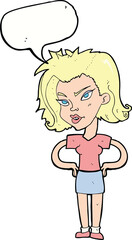 cartoon woman with hands on hips with speech bubble