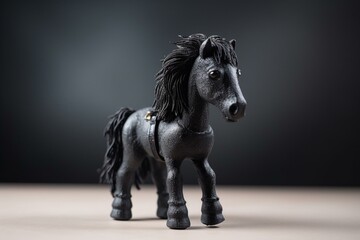 A white background hosts a black toy horse in an illustrative design. Generative AI