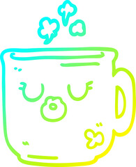 cold gradient line drawing of a cartoon hot coffee mug