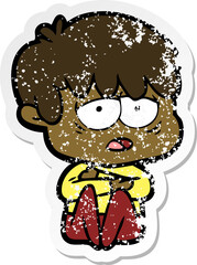 distressed sticker of a cartoon exhausted boy