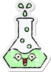 distressed sticker of a cute cartoon science beaker