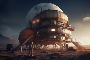 Fototapeta na wymiar Illustration of a lunar outpost on barren, rust-colored planet. Generative AI