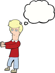 cartoon bored man showing the way with thought bubble