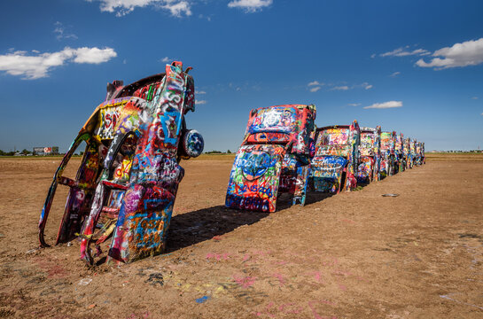 AMARILLO, TEXAS, USA - MAY 12, 2016 : Cadillac Ranch in Amarillo. Cadillac Ranch is a public art installation of old car wrecks and a popular landmark on historic Route 66