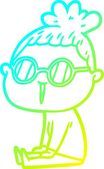 cold gradient line drawing of a cartoon woman wearing spectacles