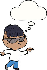 cartoon boy wearing sunglasses pointing with thought bubble