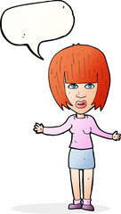 cartoon woman shrugging shoulders with speech bubble