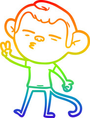 rainbow gradient line drawing of a cartoon suspicious monkey