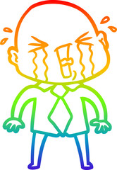 rainbow gradient line drawing of a cartoon crying bald man