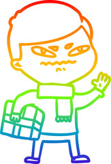 rainbow gradient line drawing of a cartoon angry man carrying parcel