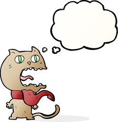 cartoon frightened cat with thought bubble