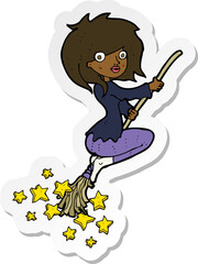 sticker of a cartoon witch riding broomstick