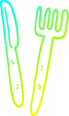 cold gradient line drawing of a cartoon knife and fork